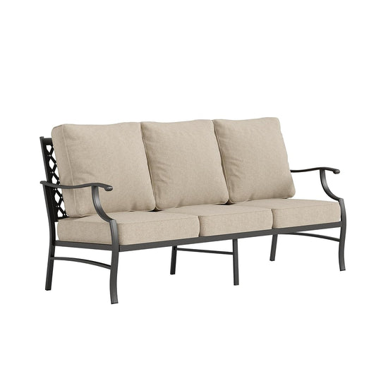 Metal three seater outdoor sofa with thick waterproof cushions