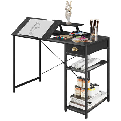 X-cosrack Drafting Table with Storage Shelves & Drawer, 43" Adjustable Art Desk with Monitor Stand for Home Office Computer, Tiltable Draft Drawing Table for Artist, Study, Writing Workstation, Black