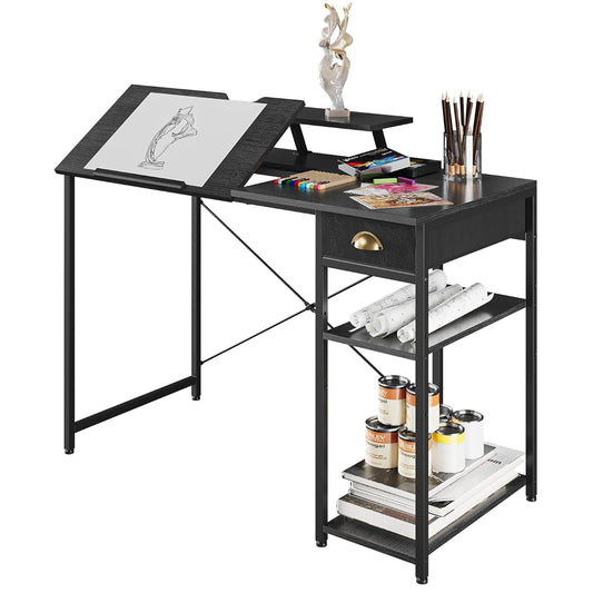 X-cosrack Drafting Table with Storage Shelves & Drawer, 43" Adjustable Art Desk with Monitor Stand for Home Office Computer, Tiltable Draft Drawing Table for Artist, Study, Writing Workstation, Black
