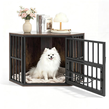 Corner Dog Crate Furniture with Adjustable & Reversible Feeder