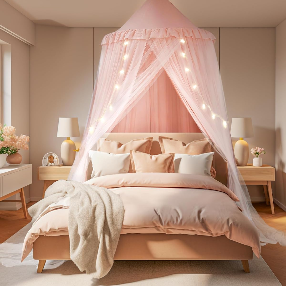 Bed Canopy for Girls with Star Lights, 39.4''x106'', Peach Pink