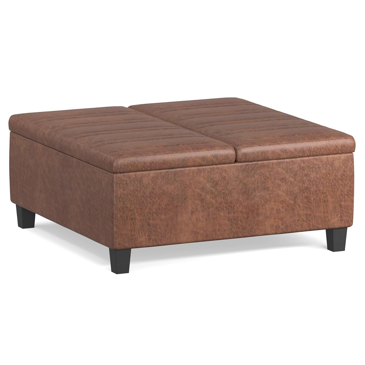 Ellis 36 inch Wide Contemporary Square Coffee Table Storage Ottoman in Distressed Saddle Brown Vegan Faux Leather, Assembled, For the Living Room and Bedroom