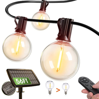 56FT(50+6) Solar String Lights for Outside G50 Waterproof with USB Port Patio Outdoor Solar Powered with 27 LED Bulbs 3 Light Modes for Backyard Porch Garden Market Bistro Camping