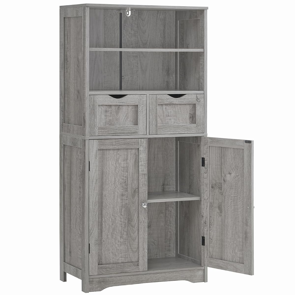 Storage Cabinet with 2 Drawers & Adjustable Shelf, Tall Bathroom Cabinet with Doors, Cupboard, Kitchen Cabinets for Living Room, Dining Room, Entryway, Grey
