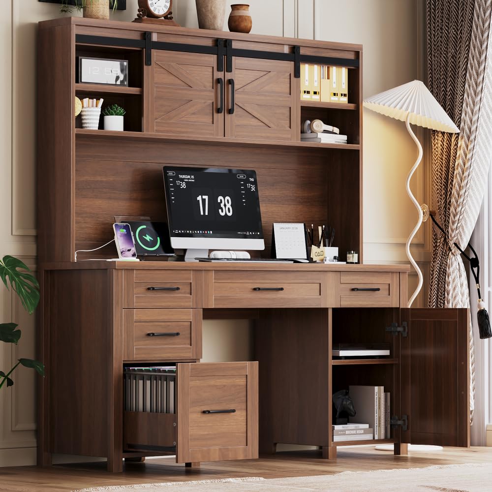 Farmhouse Executive Desk with Hutch and Charging Station