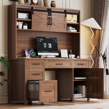 Farmhouse Executive Desk with Hutch and Charging Station