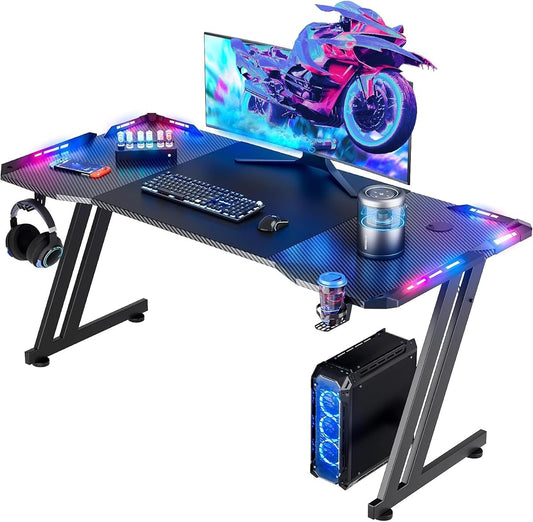 55 Inch Gaming Desk Z Shaped Carbon Fiber Computer Desk with LED