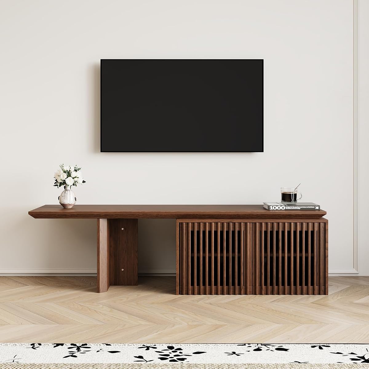 Extendable TV Stand with Storage for Up to 55+ Inch, Walnut, 60.6"-84.3" | Modern Entertainment Center, TV Media Console, Minimalist Television Cabinet for Living Room/Bedroom