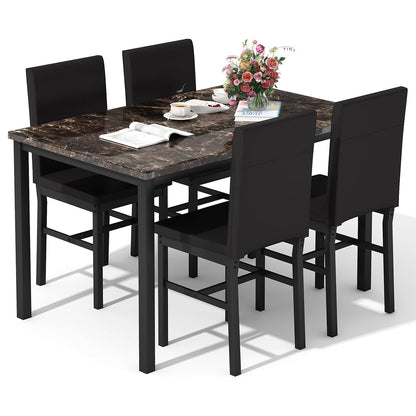 Dining Table Set for 4, Modern Kitchen & Dining Room Sets Faux Marble Table with 4 Leather Chairs for Small Space, Home Kitchen, Apartment, Brown