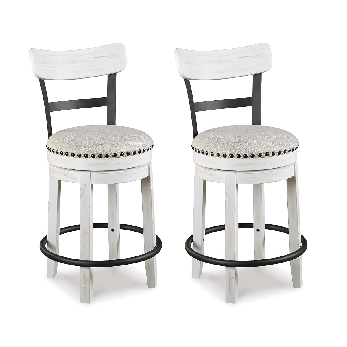 Signature Design by Ashley Valebeck Barstool, Rustic-Industrial Counter Height Chair, 360° Swivel, Wood & Metal Frame, Cushioned Seat, Ideal for Kitchen Island with Seating, Vintage White