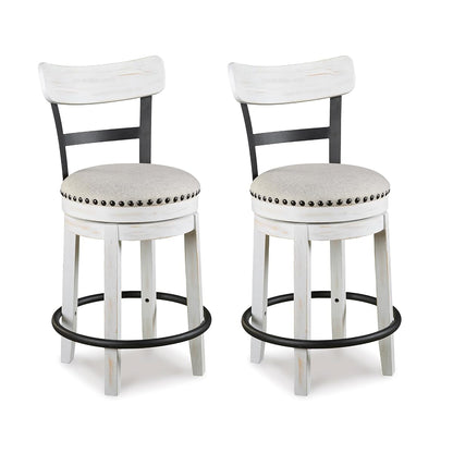 Signature Design by Ashley Valebeck Barstool, Rustic-Industrial Counter Height Chair, 360° Swivel, Wood & Metal Frame, Cushioned Seat, Ideal for Kitchen Island with Seating, Vintage White
