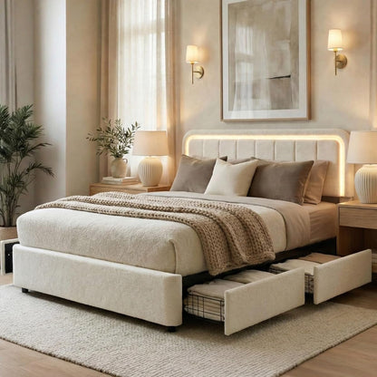 Cloud Queen Bed Frame with Storage, 4 Drawers, Boucle Upholstered