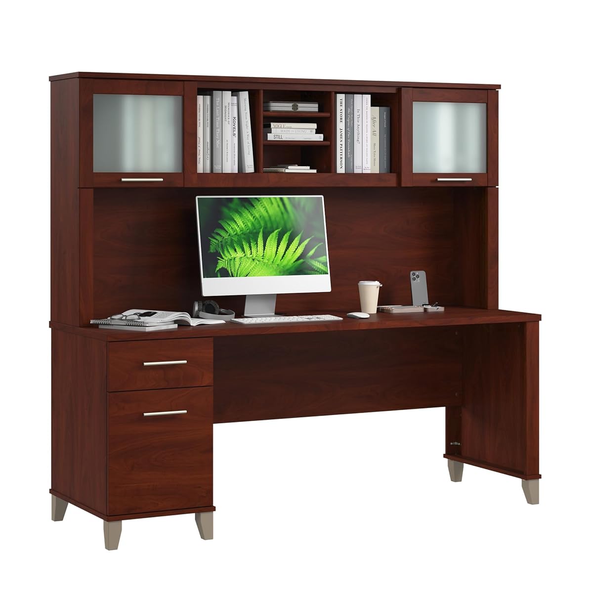 72-Inch Office Desk with Drawers and Hutch, Computer Desk with File and Box Drawers, Shelves and Storage Cabinet, Home Office Workstation, Somerset Collection, Hansen Cherry