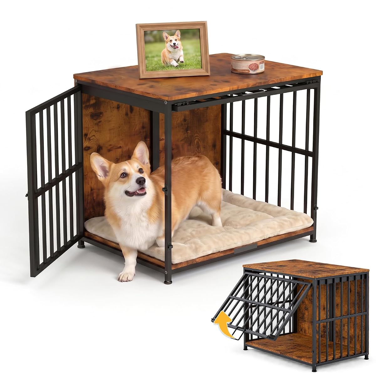 31.5IN Dog Crate Furniture, Wooden Dog Kennel with Flip-Up Door