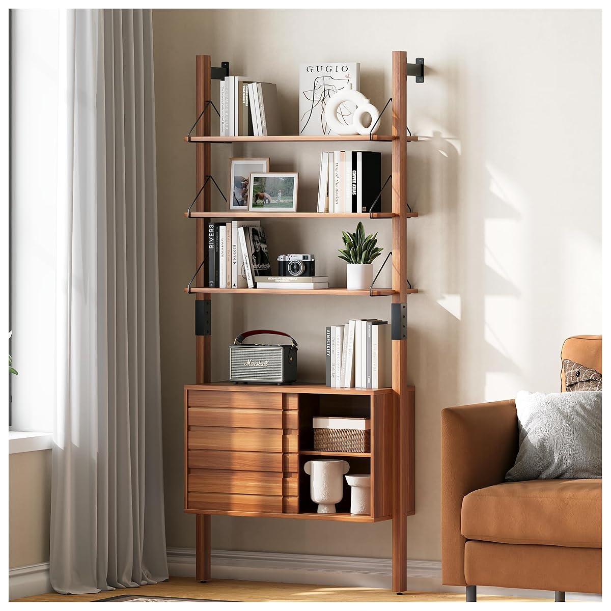 6 Tier Ladder Bookshelf with Storage Cabinet for Living Room,Cherry