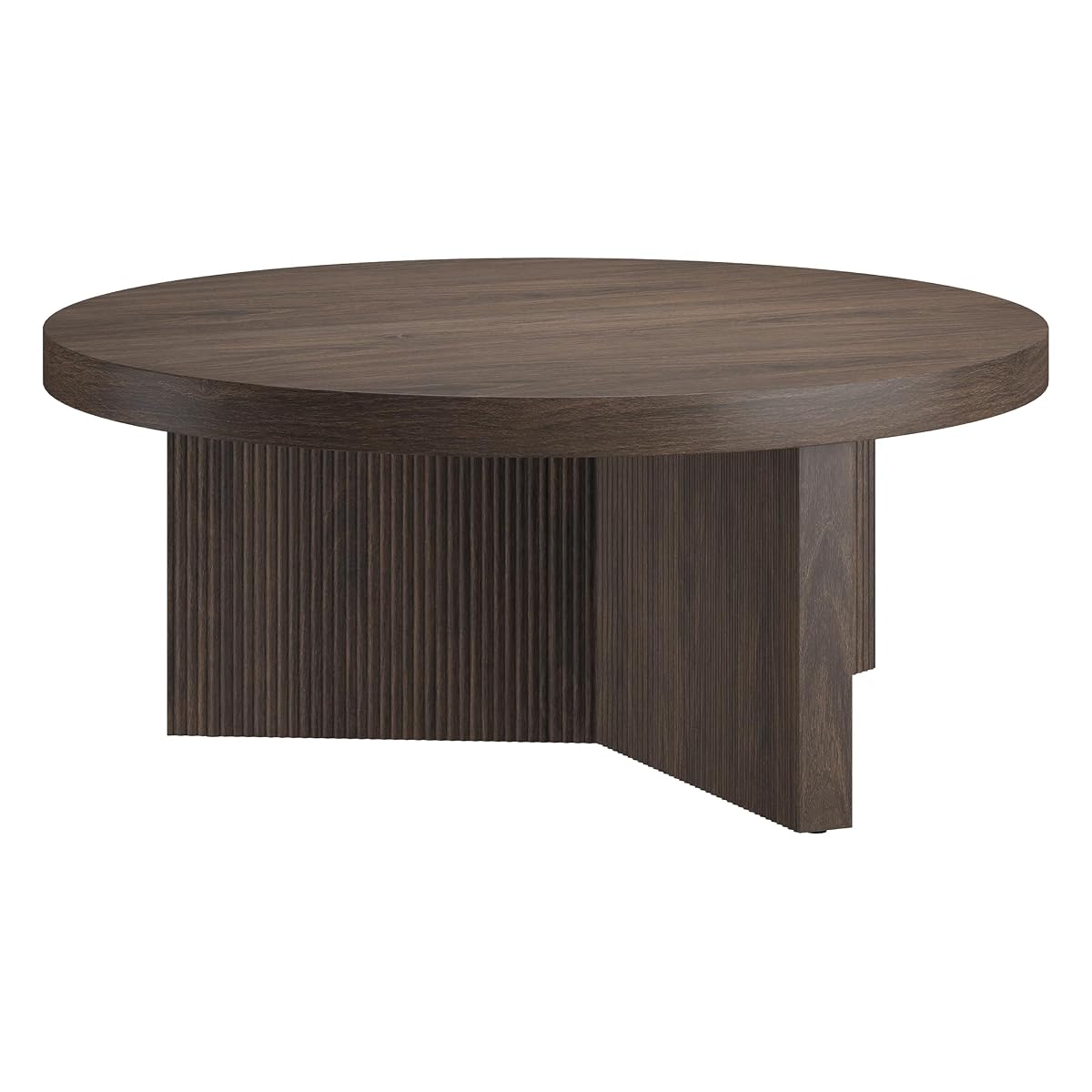 36" Fluted Round Low-Profile Coffee Table with Ribbed Pedestal Base Living Room, Family Room, or Office, Rich Brown