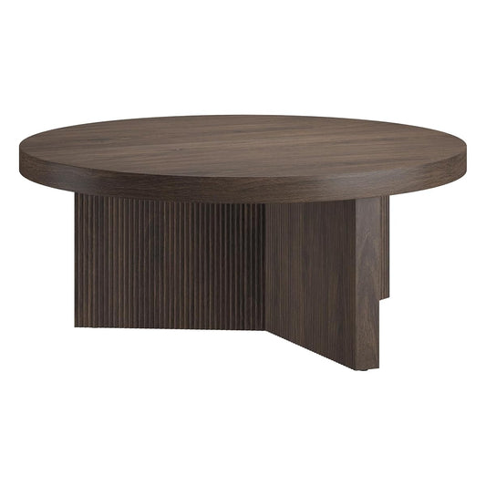 36" Fluted Round Low-Profile Coffee Table with Ribbed Pedestal Base Living Room, Family Room, or Office, Rich Brown