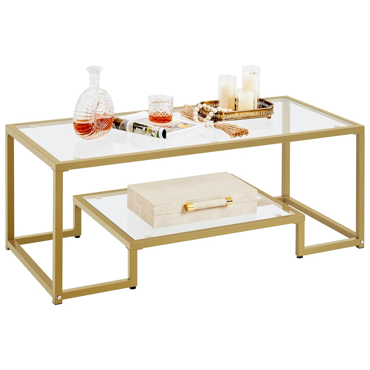 Yaheetech Gold Coffee Table, 42" Rectangular Glass Coffee Table for Living Room, 2-Tier Living Room Tables with Storage Center Tea Tables with Metal Frame for Small Space, Apartment, Office