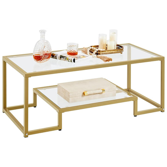 Yaheetech Gold Coffee Table, 42" Rectangular Glass Coffee Table for Living Room, 2-Tier Living Room Tables with Storage Center Tea Tables with Metal Frame for Small Space, Apartment, Office