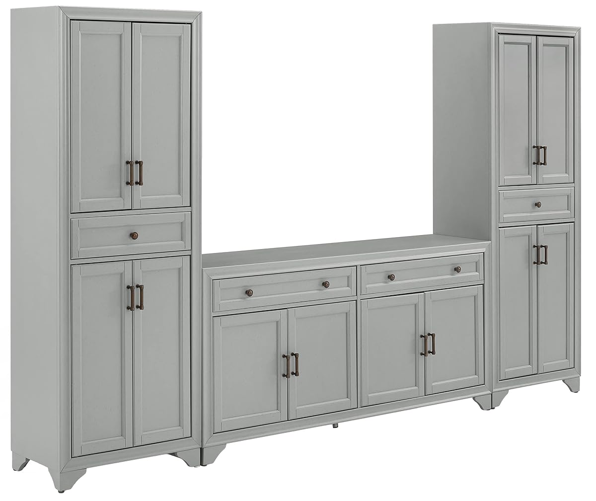 Tara 3-Piece Modern Farmhouse Sideboard Buffet Cabinet and Kitchen Storage Pantry Set, Distressed Gray