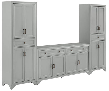 Tara 3-Piece Modern Farmhouse Sideboard Buffet Cabinet and Kitchen Storage Pantry Set, Distressed Gray