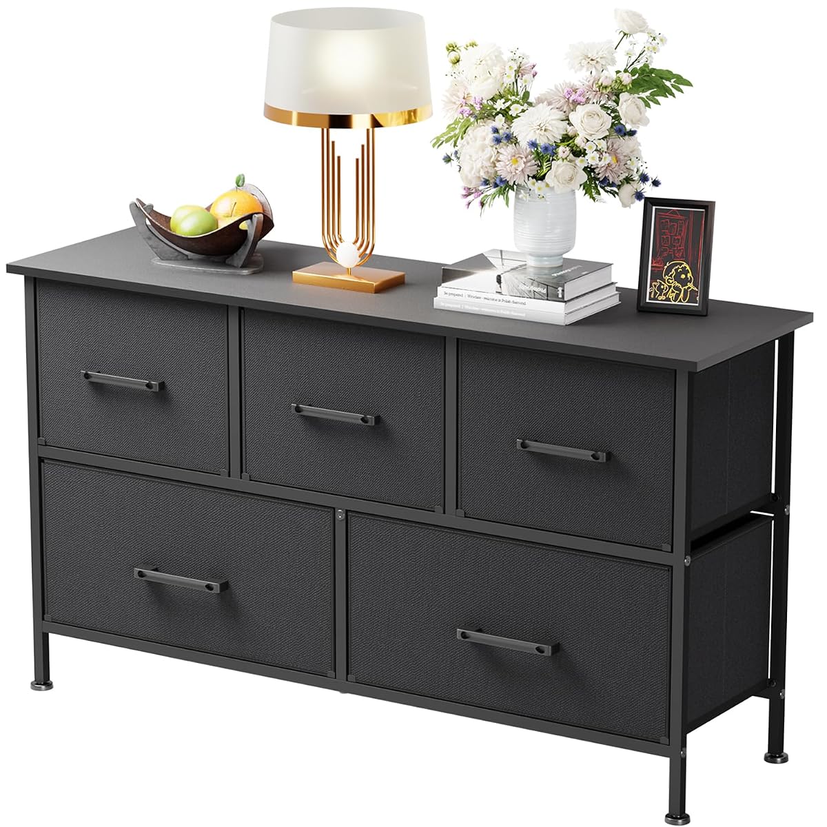 PayLessHere | 5-Drawer Fabric Dresser | Black | 80lbs Load Capacity