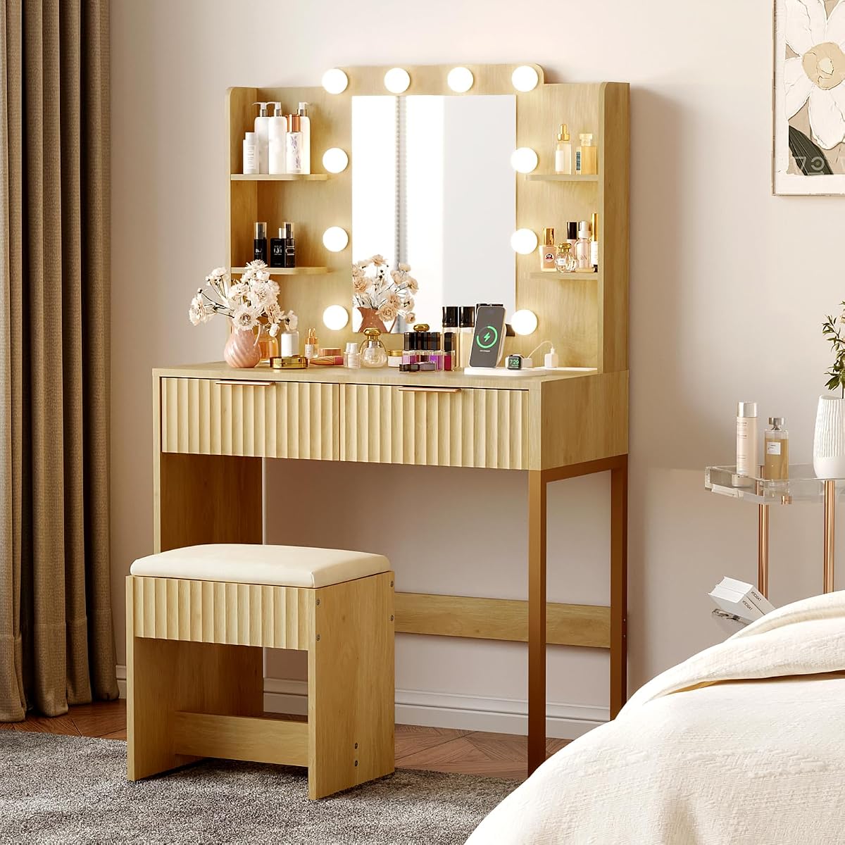 Fluted Makeup Vanity Desk with Mirror & Lights & Power Outlet