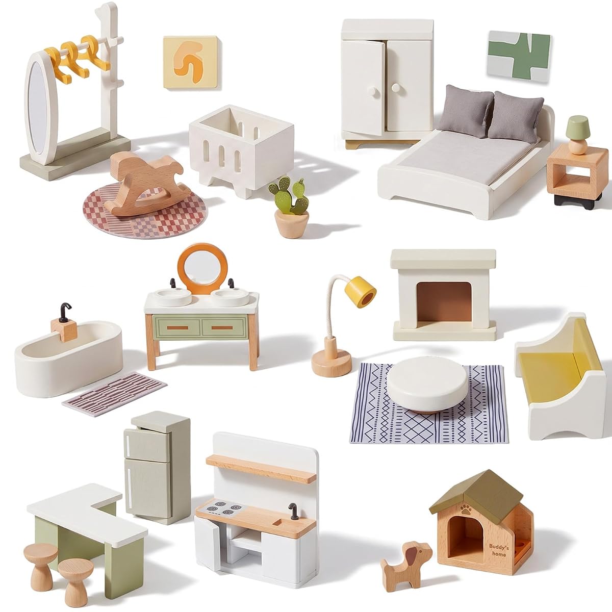 33 PCS Wooden Dollhouse Furniture Set, Modern Doll House Accessories with Bedroom, Kitchen, Bathroom, Nursery & Living Room, Montessori Pretend Play Toys for Kids Girls Boys Age 3+