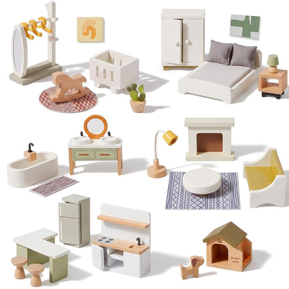 33 PCS Wooden Dollhouse Furniture Set, Modern Doll House Accessories with Bedroom, Kitchen, Bathroom, Nursery & Living Room, Montessori Pretend Play Toys for Kids Girls Boys Age 3+