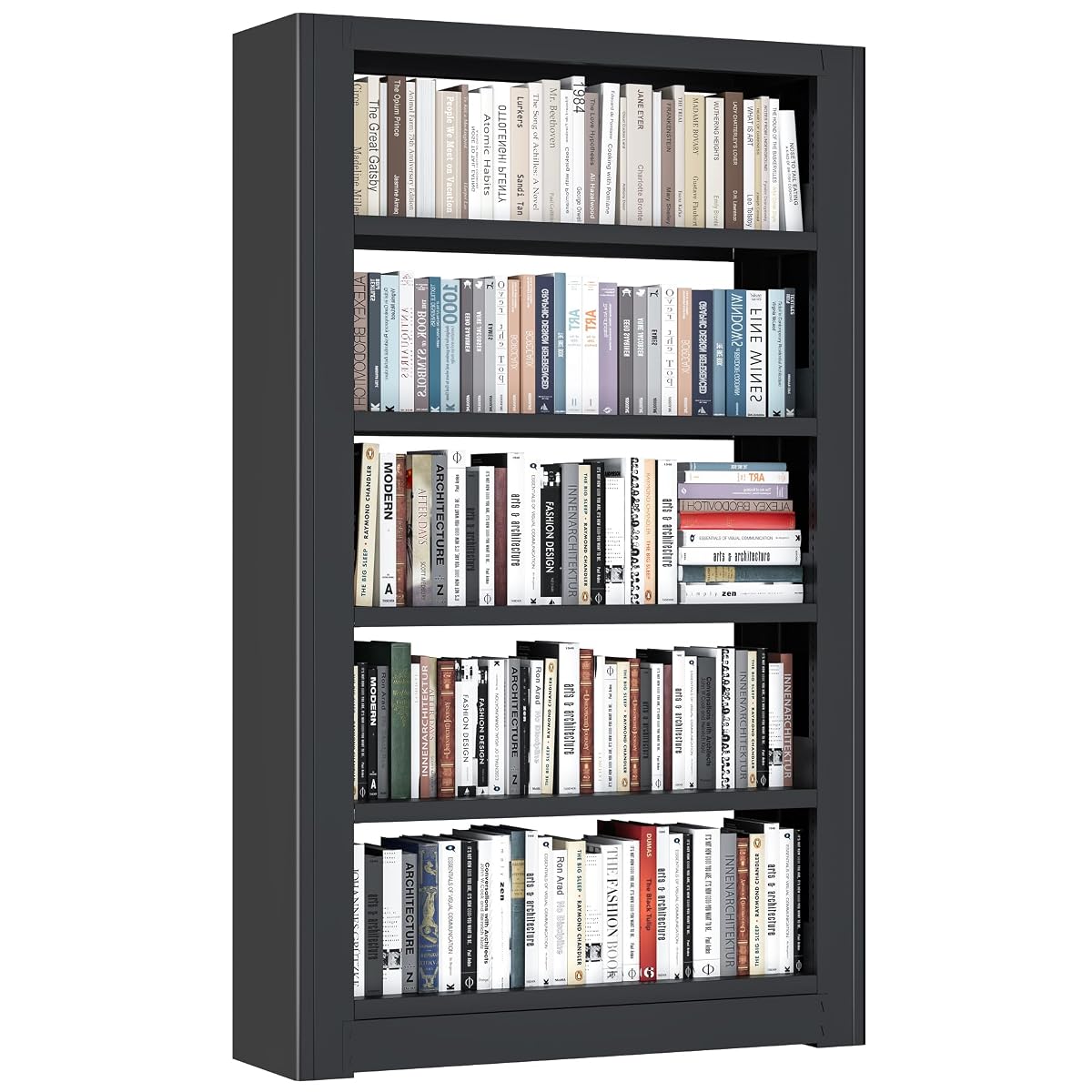 5-Tier Expandable Metal Bookshelf, 69" H x 36" W Heavy Duty Black Bookcase, Adjustable Storage Shelves, 280lbs Per Layer Capacity for Living Room Office Bedroom