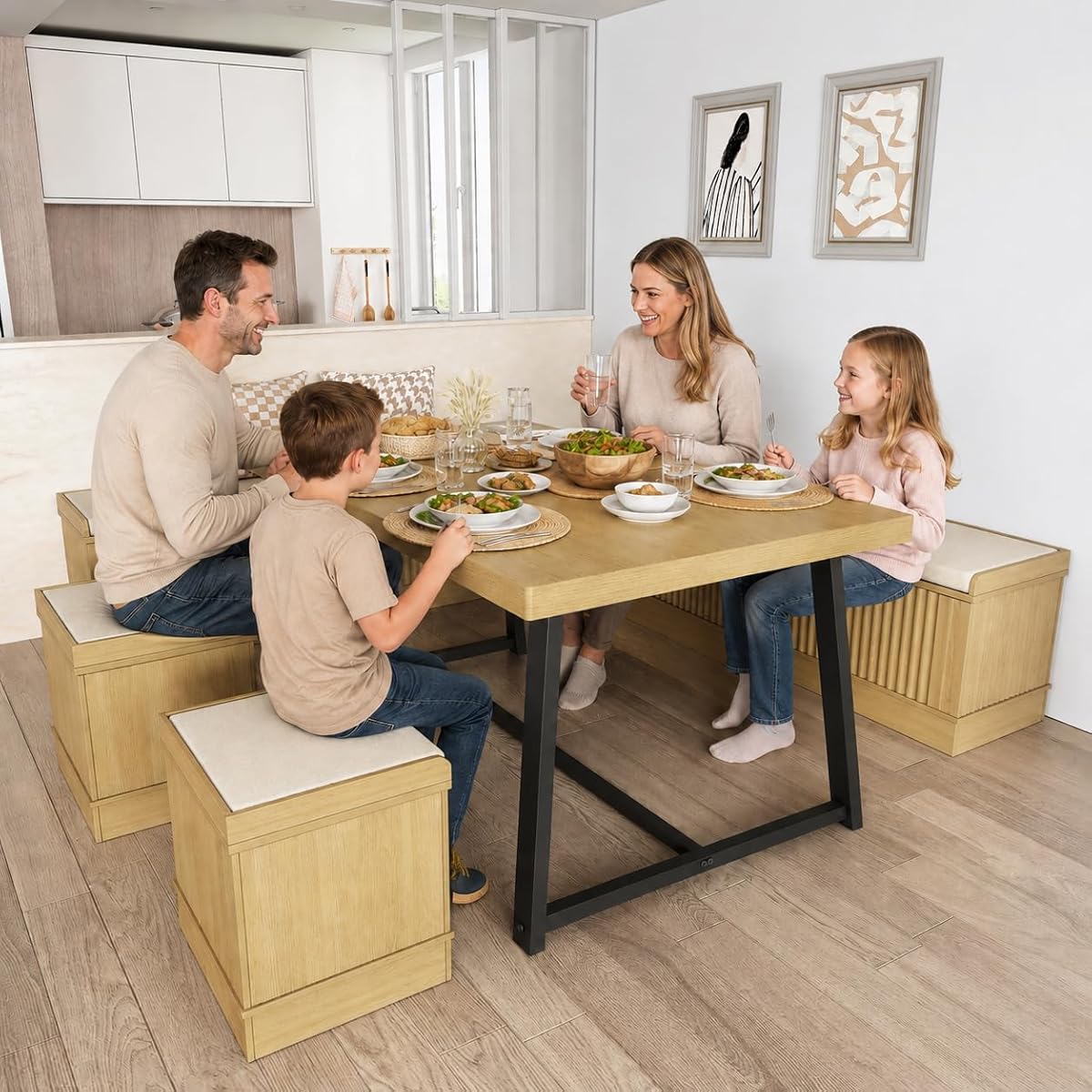 Corner Dining Table Set, 6-Piece Breakfast Nook Dining Set with Storage Bench and Stools, 47" Banquette Seating for Small Space, Apartment Kitchen & Dining Room, Natural Wood