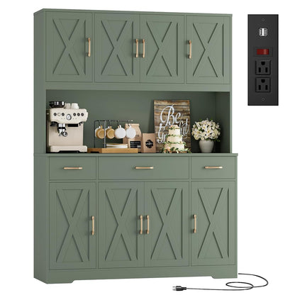 71" Tall Kitchen Pantry Storage Cabinet, 55" W Kitchen Hutch, Green