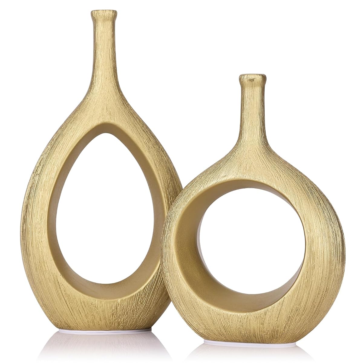 Matte Gold Ceramic Vase Set of 2 - Ribbed Hollow Aesthetic Decorative Vase, Modern Farmhouse Table Centerpiece, Boho Gold Vases for Flower Decor and Home Living