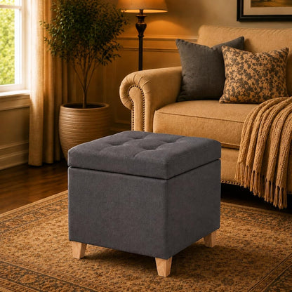 18" Square Storage Ottoman with Hinged Lid, Tufted Fabric Foot Rest Stool, Heavy Duty Cube Seat, Dark Gray – Versatile Entryway/Living Room Furniture