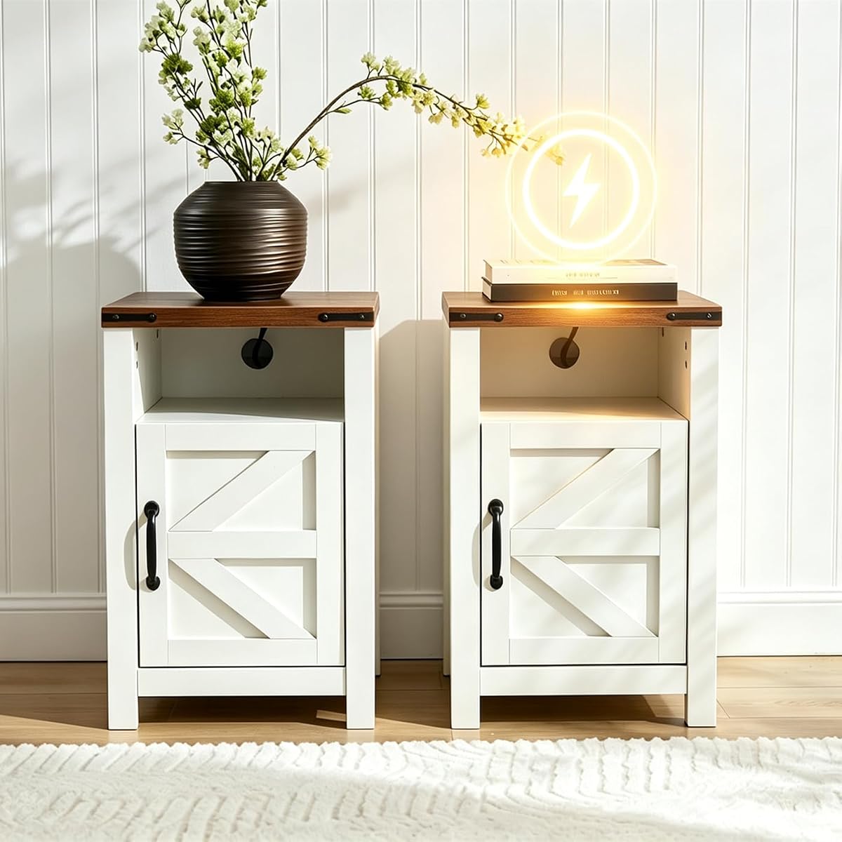 White Farmhouse End Table with Charge Set of 2, Rustic Nightstand with Barn Door and Shelf, Bedside Table with Charging Station for Living Room, Bedroom