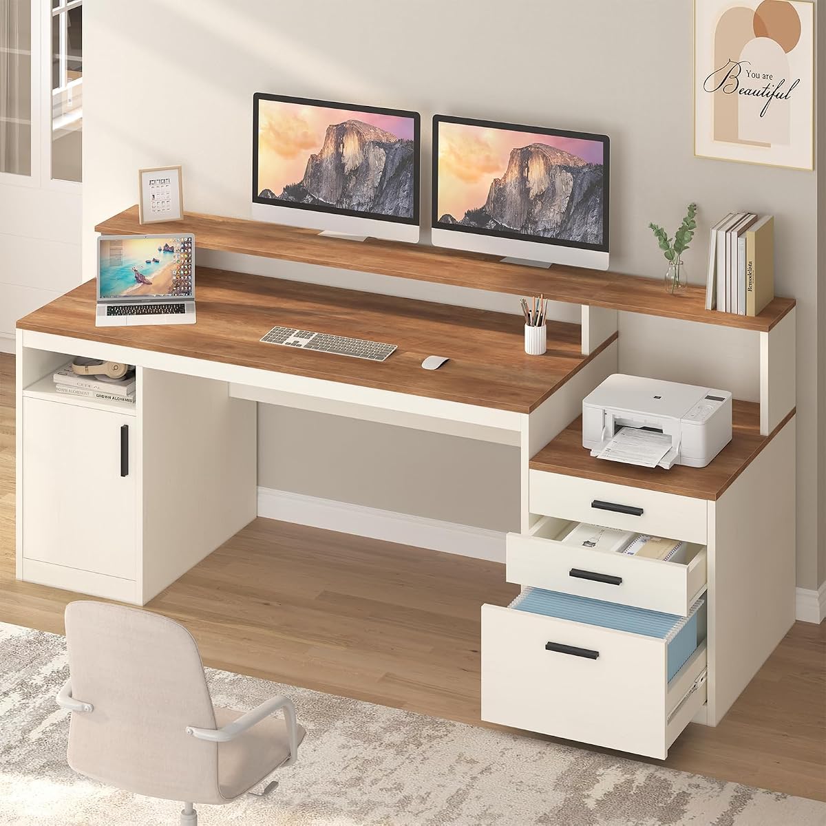 65" Computer Desk with 3 Drawers & Printer Shelf for Home Office