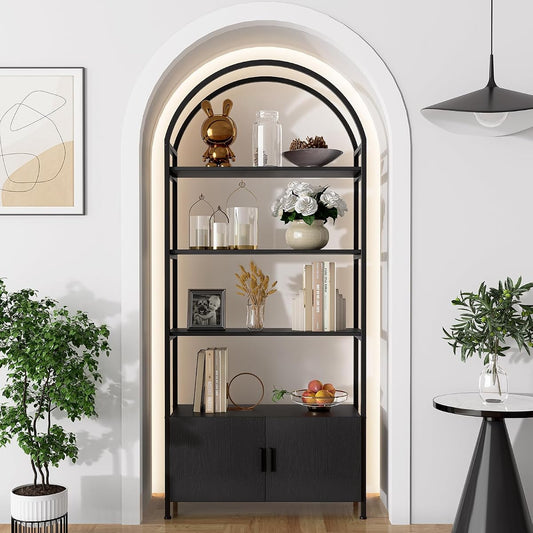 Arched Bookshelf, Bookcase with Doors Storage, 71 Inches Tall Industrial Book Shelf with Sturdy Metal Frame, E1 Quality Boards, Freestanding Display Shelving Unit, Black