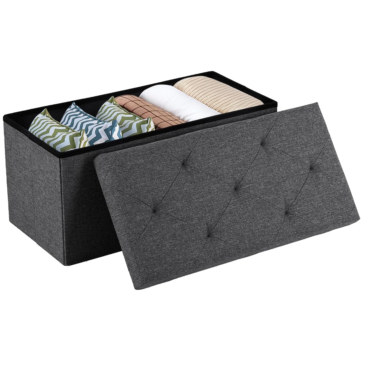30 Inch Folding Storage Ottoman Bench, Large Hidden Storage Chest with Padded Seat, Foot Rest Stool Supports Up to 660Lbs, End of Bed Bench for Bedroom, Living Room, Linen Fabric, Grey
