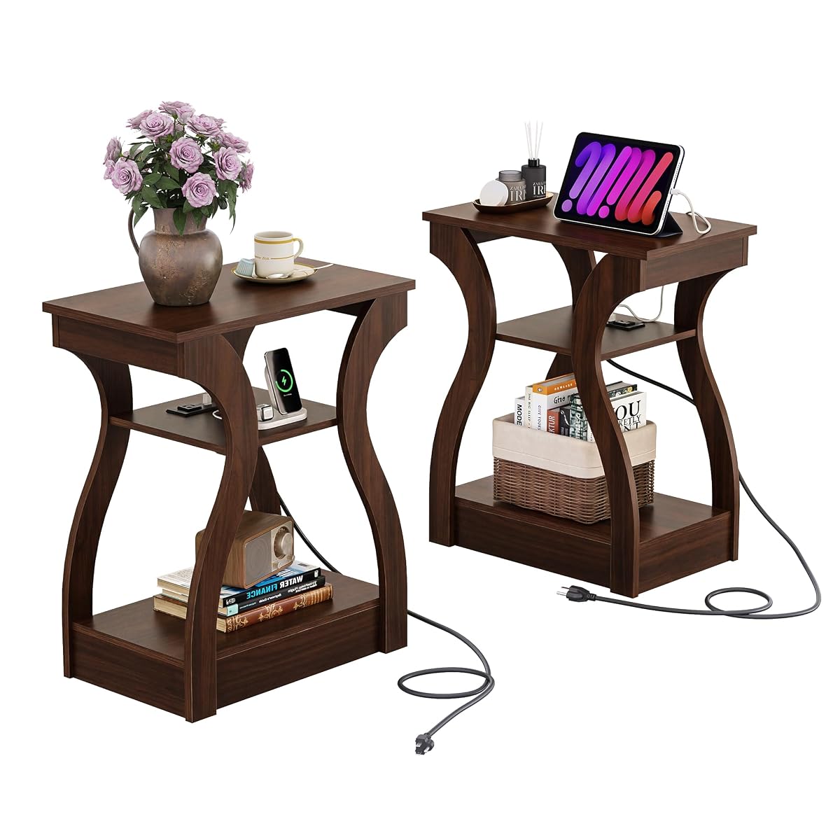 End Tables Living Room Set of 2, Cherry Side Tables with Charging Station, Nightstand for Bedroom, 3 Tier End Table with Storage Shelf, Side Table Set of 2 for Living Room, Cherry