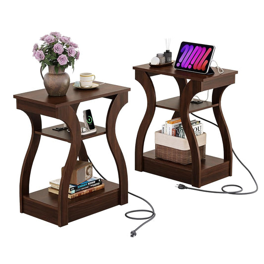 End Tables Living Room Set of 2, Cherry Side Tables with Charging Station, Nightstand for Bedroom, 3 Tier End Table with Storage Shelf, Side Table Set of 2 for Living Room, Cherry