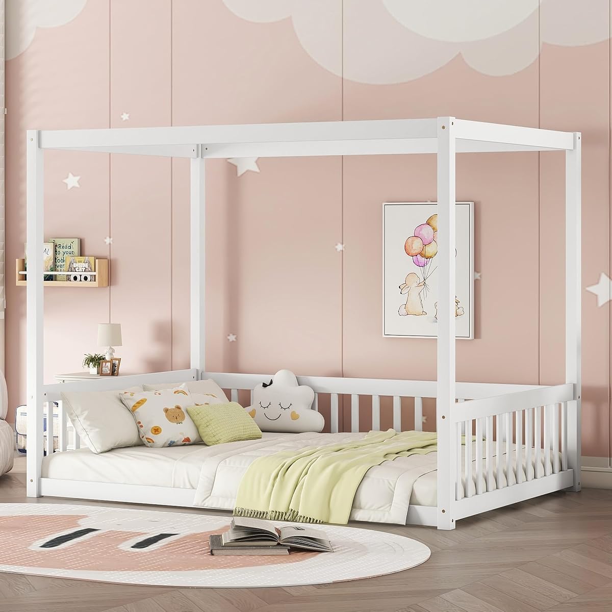 Full Size Canopy Bed Frame with Guardrails for Kids