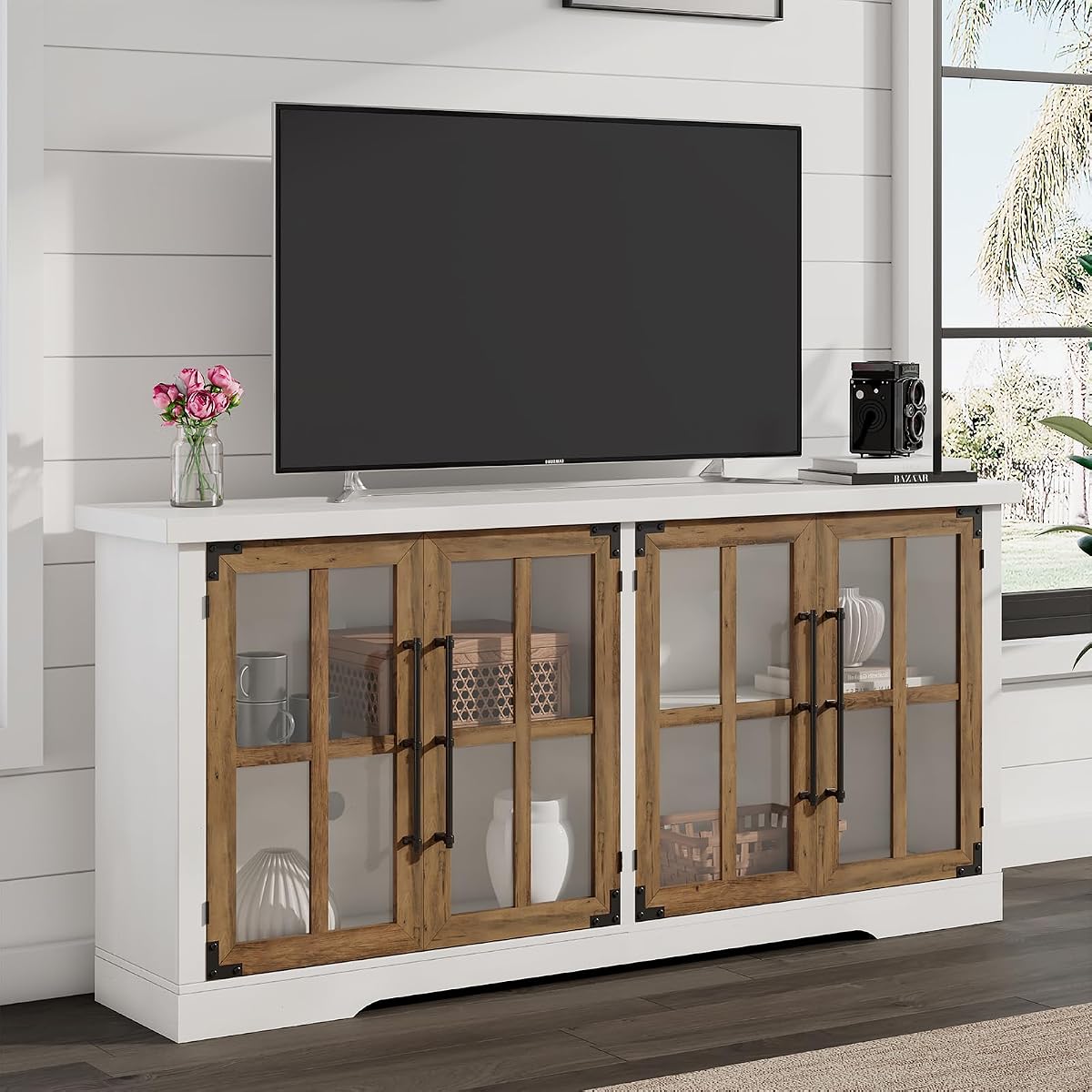 63" Farmhouse TV Stand with 4 Glass Doors, Modern Buffet Sideboard Cabinet with Storage, Entertainment Center with Adjustable Shelf for TV's up to 75", White/Barnwood