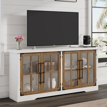 63" Farmhouse TV Stand with 4 Glass Doors, Modern Buffet Sideboard Cabinet with Storage, Entertainment Center with Adjustable Shelf for TV's up to 75", White/Barnwood