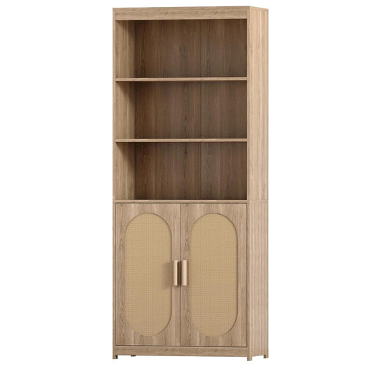 Rattan Bookcase with Doors 72 in Tall Boho Bookshelf 5 Shelves Floor Standing Book Storage Cabinet 3 Display Shelves Mid Century Modern Bookshelf Wicker Bookshelves