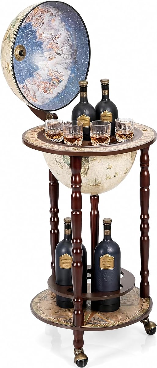 Byroce Globe Wine Bar with Wheels for Home Bar Storage (Creamy White) | Italian heritage old world map design eucalyptus wood 3 caster wheels holds bottles and glasses for home bar