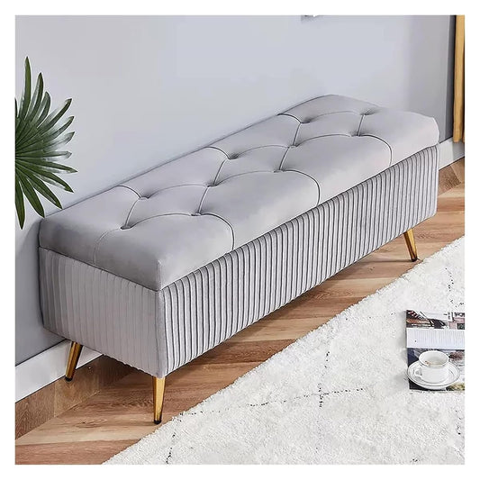 Velvet Upholstered Storage Bench with Gold Metal Legs Stylish Bedroom Ottoman Bench for Living Room Entryway Comfortable Foot Rest and Storage Solution Elegant Grey Color
