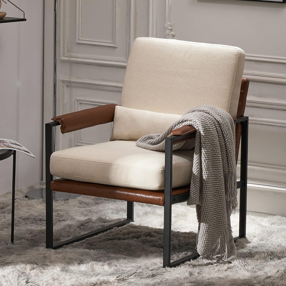 Mid-Century Accent Chair, Padded Arms, Beige | Metal Frame, Linen Fabric, Thick Cushions, Lumbar Pillow Included, Lounge Chair for Living Room, Bedroom, Balcony, Study