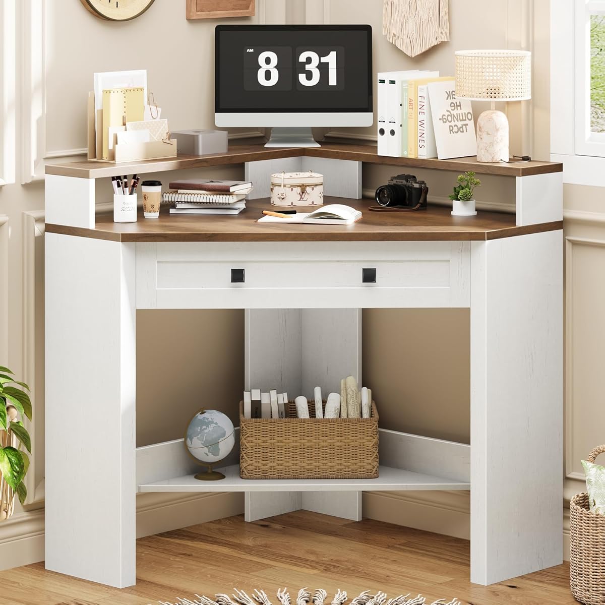 Corner Desk, Triangle Computer Desk Home Office Workstation with Drawer and Monitor Stand for Small Spaces Farmhouse Corner Vanity Table for Bedroom Study, Living Room (Rustic White and Brown)