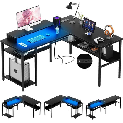 Reversible L Shaped Desk with Magic Power Outlets and Smart LED Light, Sturdy Corner Computer Desk with Monitor Stand & Storage Shelves, Gaming Table Home Office Desk, Easy Assembly, Black
