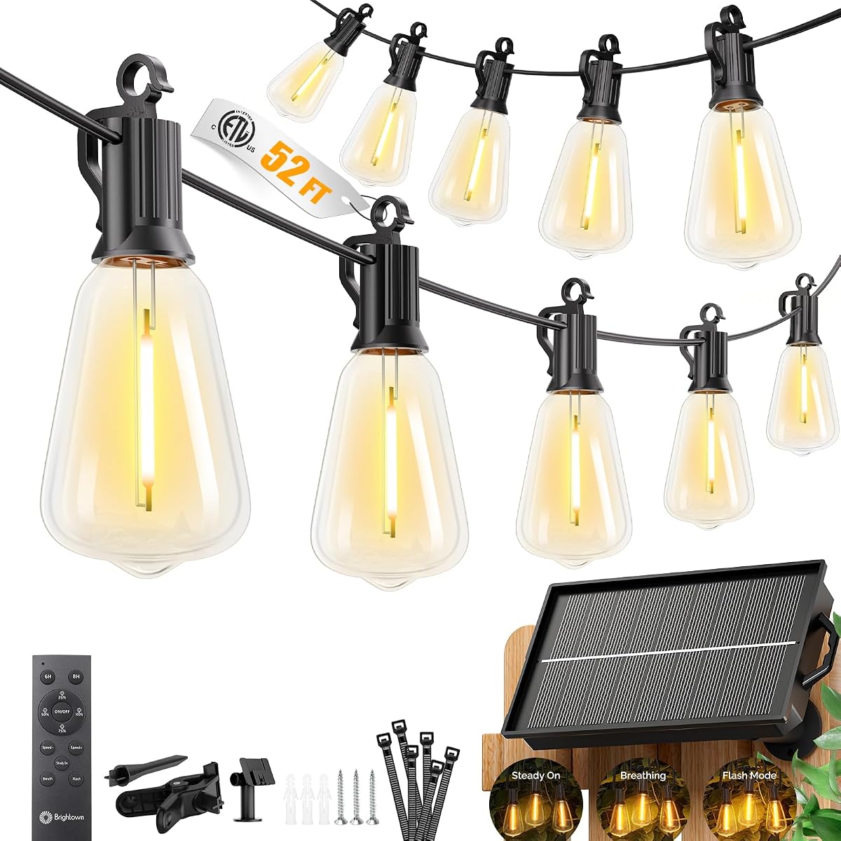 52FT Solar String Lights Outdoor Waterproof, Patio Lights with Remote & Timer